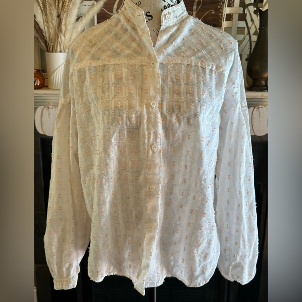 Vintage Semi-Sheer Dainty Feminine Blouse White W/ Pink Knot Stitches Buttons